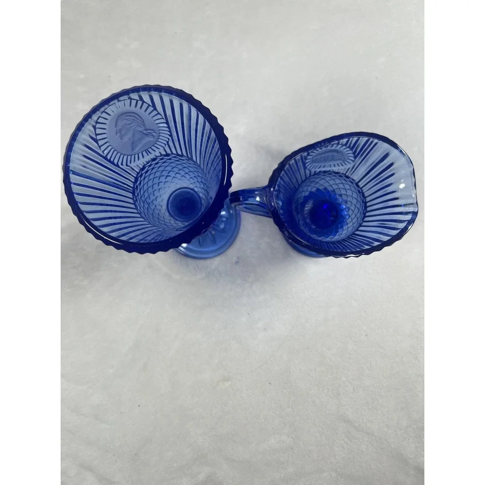 Cobalt Blue Pressed Glass Creamer & Sugar Set‎ Diamond Medallion Pattern